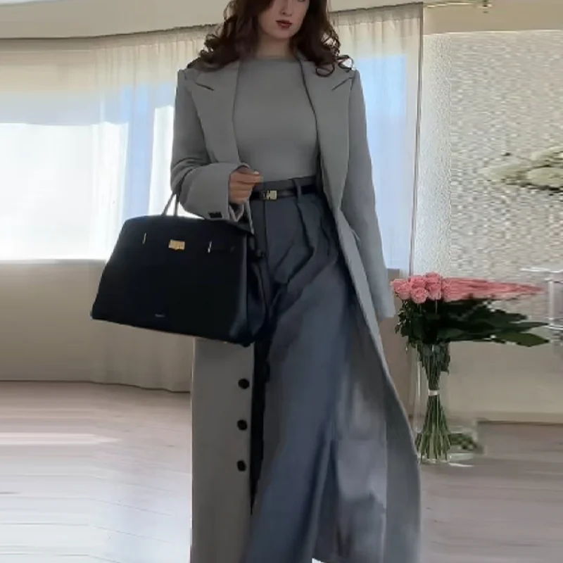 2025 Autumn Winter Long Coat Elegant Waist Cinching Single Breasted Lapel Collar Full Sleeve Coat Fashion High Street Outerwear