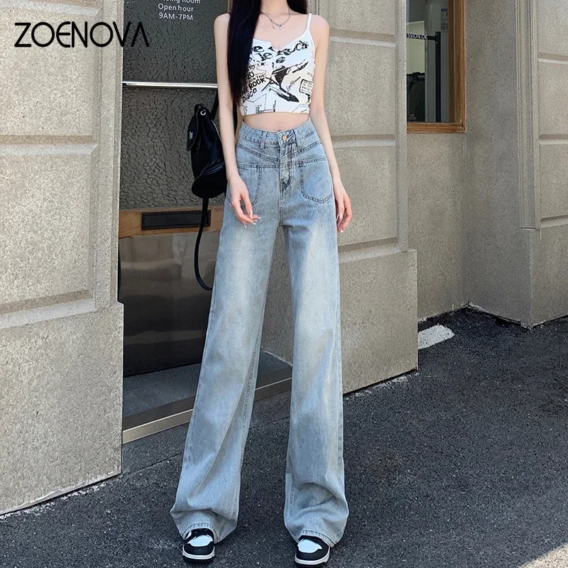 

ZOENOVA корейские модные винтажные джинсы женские с высокой талией джинсовая трендовая женская повседневная уличная одежда Y2k универсальные широкие брюки