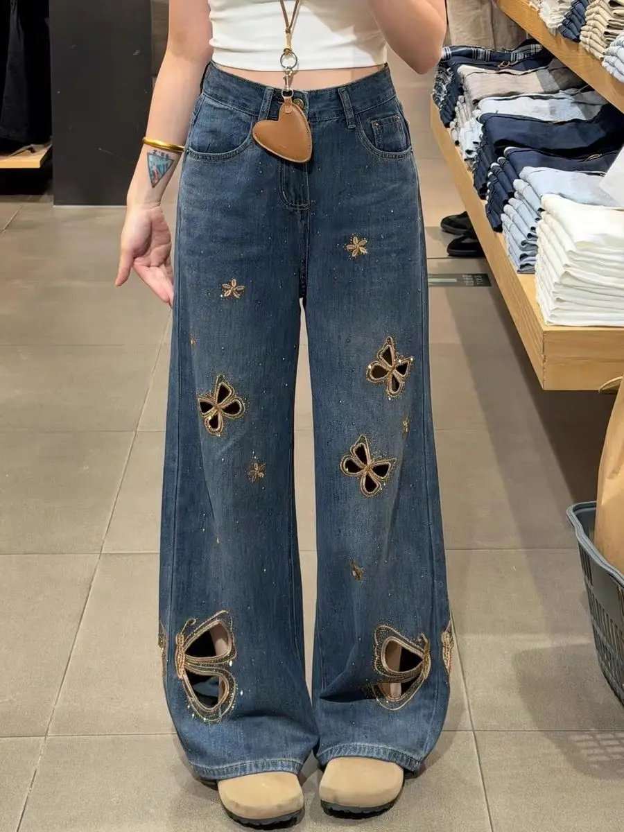 Y2K American Retro Blue Butterfly Hollowed Out Wide Leg Jeans Women Summer Thin High Waisted Loose Perforated Straight Leg Pants