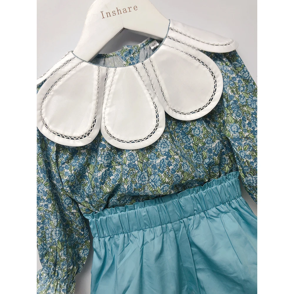 New Summer Petal Collar 2Pcs Girls Set Floral Print Long-Sleeved Top Blue Shorts Pure Cotton Casual Outfit Clothing Comfortable