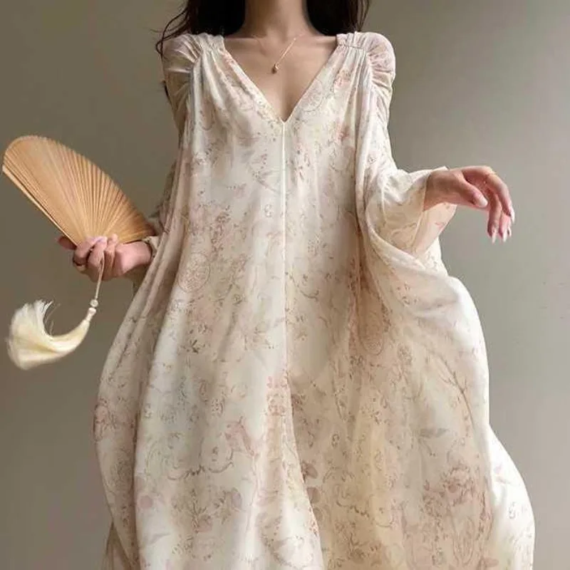 

2026 Summer New Floral Fairy Style Oversized Baggy Women's Dress Retro Lazy Elegant V-neck Maxi Dresses for Women Y2k Streetwear