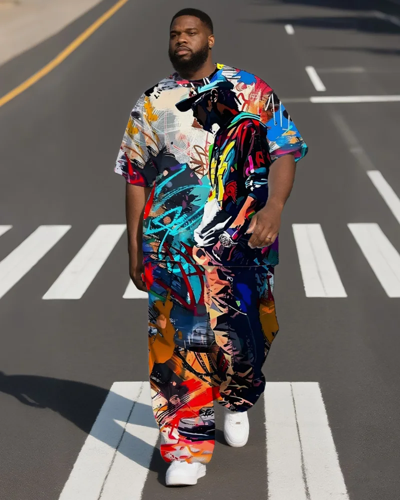 S-9XL Men's Plus Size Graffiti Hip-Hop Short-Sleeved T-Shirt and Pants Two-Piece Set