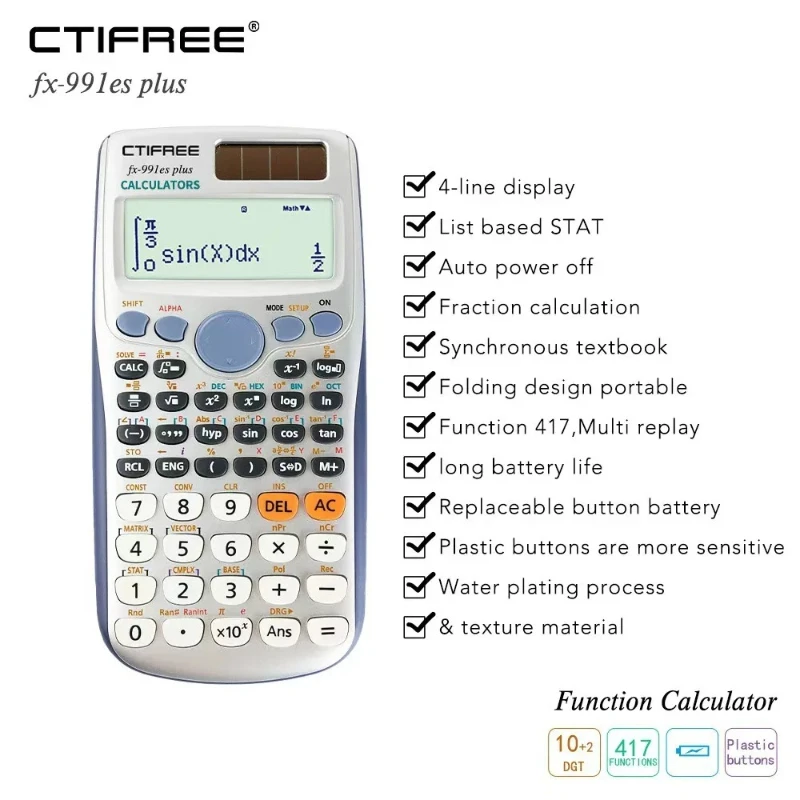 Solar or Battery Dual Power Supply Multi-Function Plus Scientific Calculator for Senior High School Students and College Student