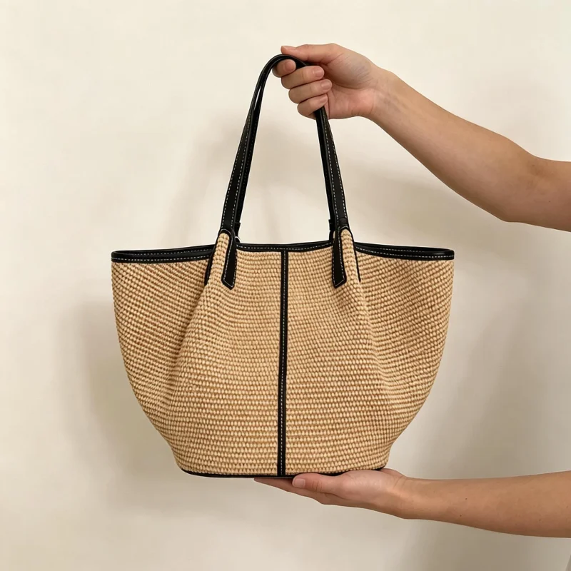 Crochet Market Bag - Trendige handgewebte Strohtasche im Color-Block-Design mit