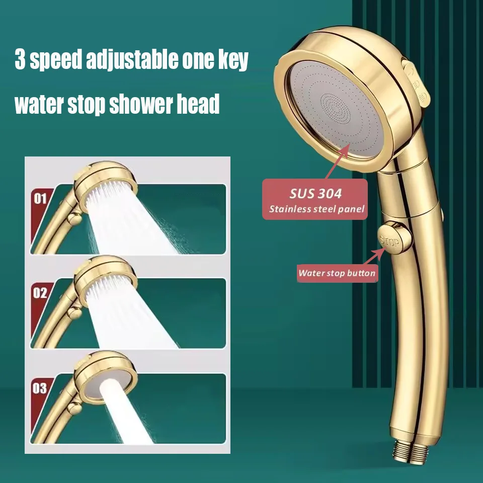 

Gold High Pressure 3 Modes Adjustable Shower Head One Key Stop Water Saving Sprayer Rainfall Bath Showerhead Bathroom Accessorie