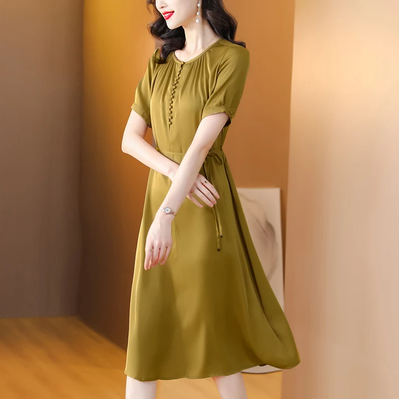 

2023 Summer New Silk Short Sleeve Solid Color Dress Women Bohemian O-Neck Waist Tie Up Silk Slim Over Knee Length Dress