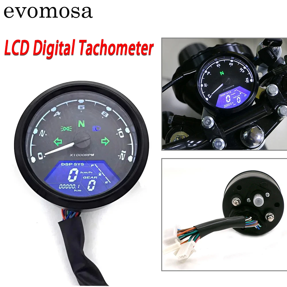 

Universal LCD Digital Motorcycle Tachometer Speedometer Odometer 12000RPM Waterproof Motorbike Gauge Cafe Racer 2 - 4 Cylinders