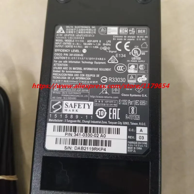 Genuine DELTA ADP-50FR B 48V 1.05A 50W AC Adapter Charger For CISCO CP-PWR-CUBE4 8900 9900 8945 9951 IP PHONE Power Supply Used