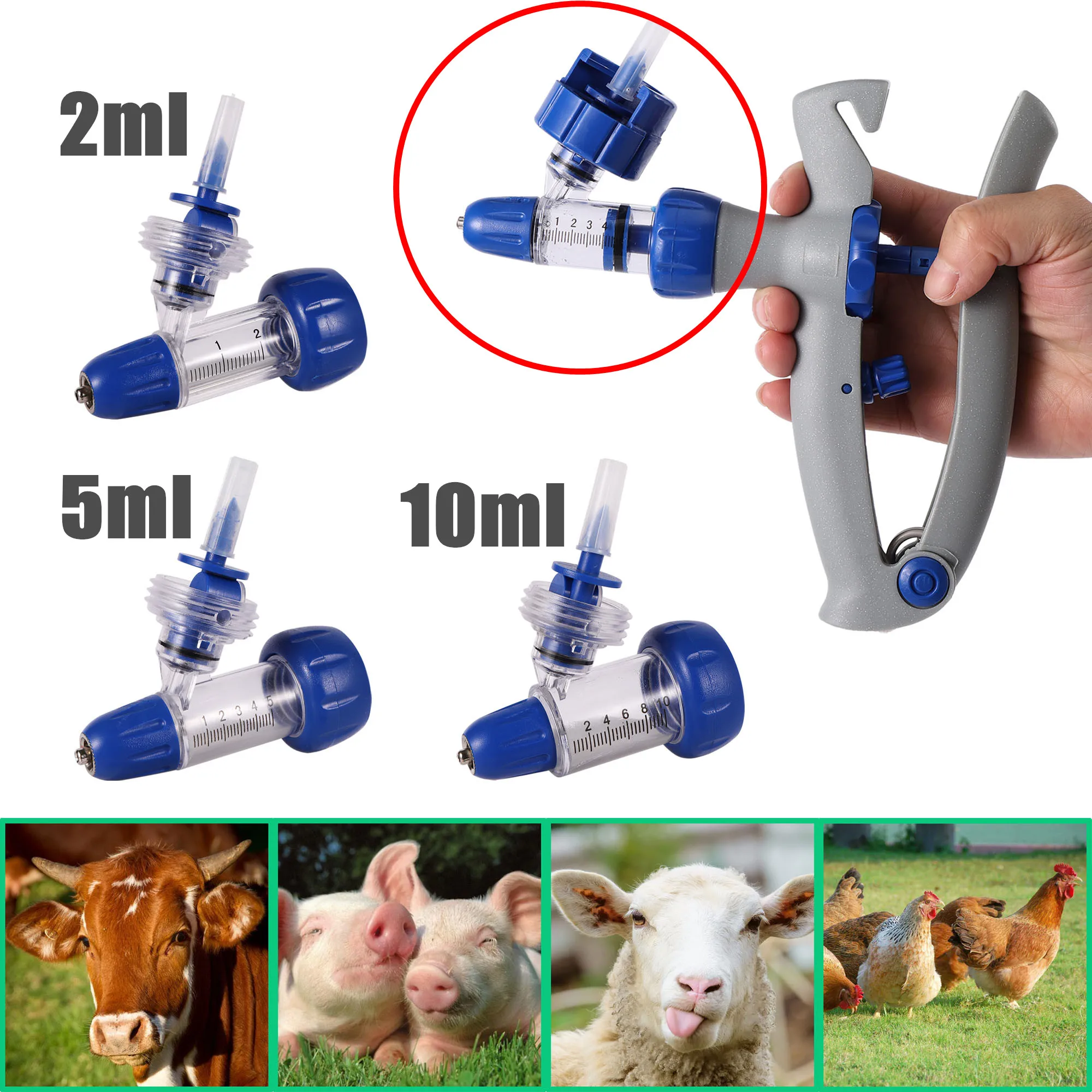 2/5/10ml Automatic Veterinary Continuous Syringe Animal Adjustable Vaccine Injector Livestock Sheep Cow Injection Accessorie 1Pc