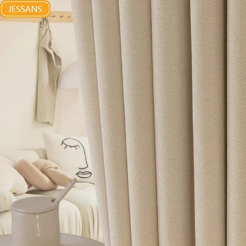 

New Plaid Cotton Linen Cream White Jacquard Curtains for Living Room Bedroom Blackout Curtains French Window Balcony