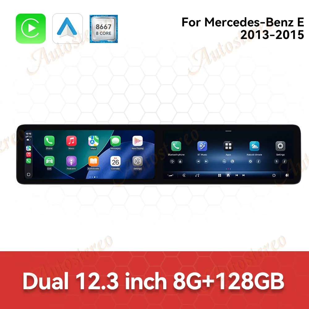 Dual Screen 12.3'' Carplay Android 14 Car GPS Navigation For Mercedes Benz E 2013-2015 Head Unit Multimedia Player Car Radio