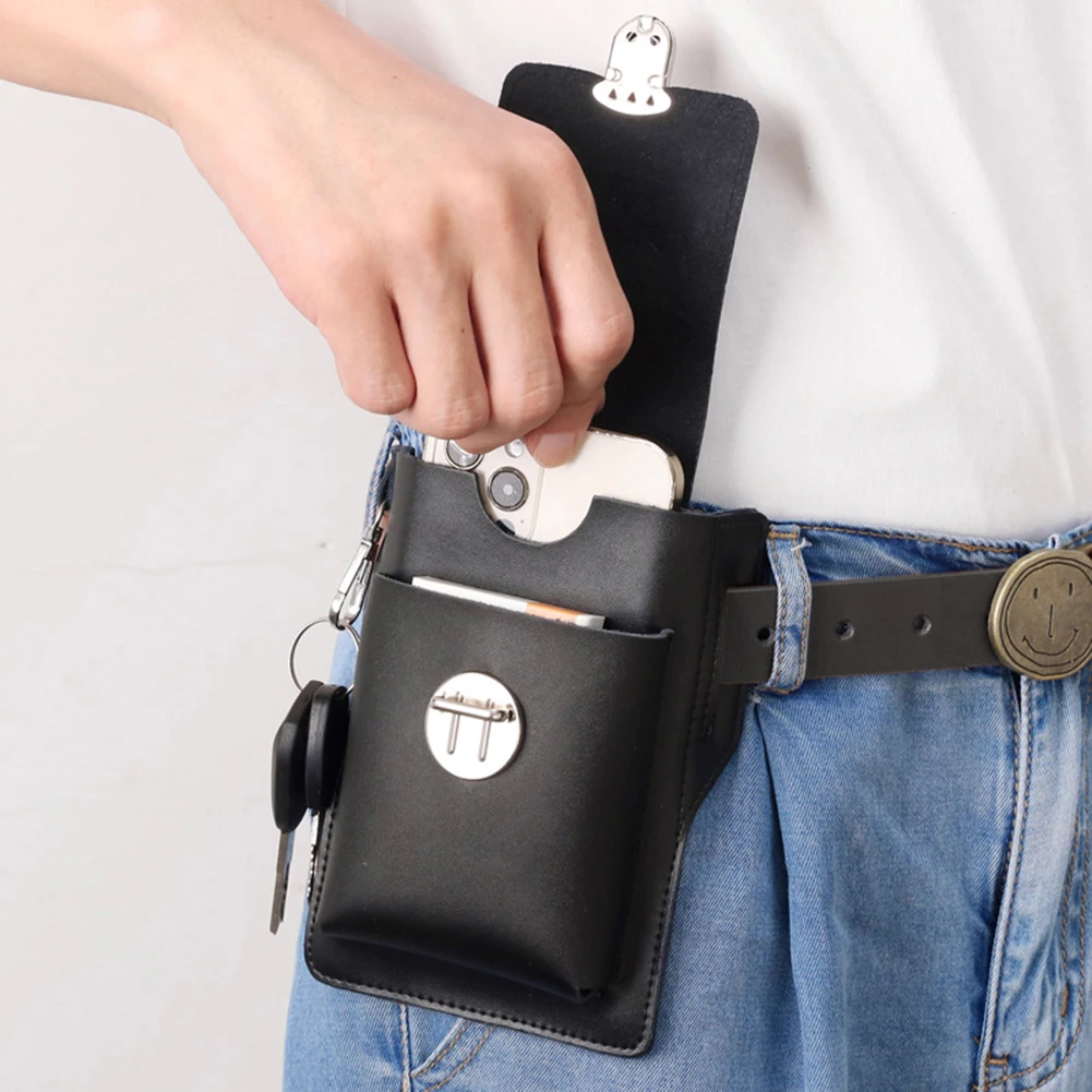 Men Loop Holster Waist Bag Vintage Leather Phone Pouch Bag Multi-compartment Mini Wallet Male PU Solid Color Cellphone Belt Bags