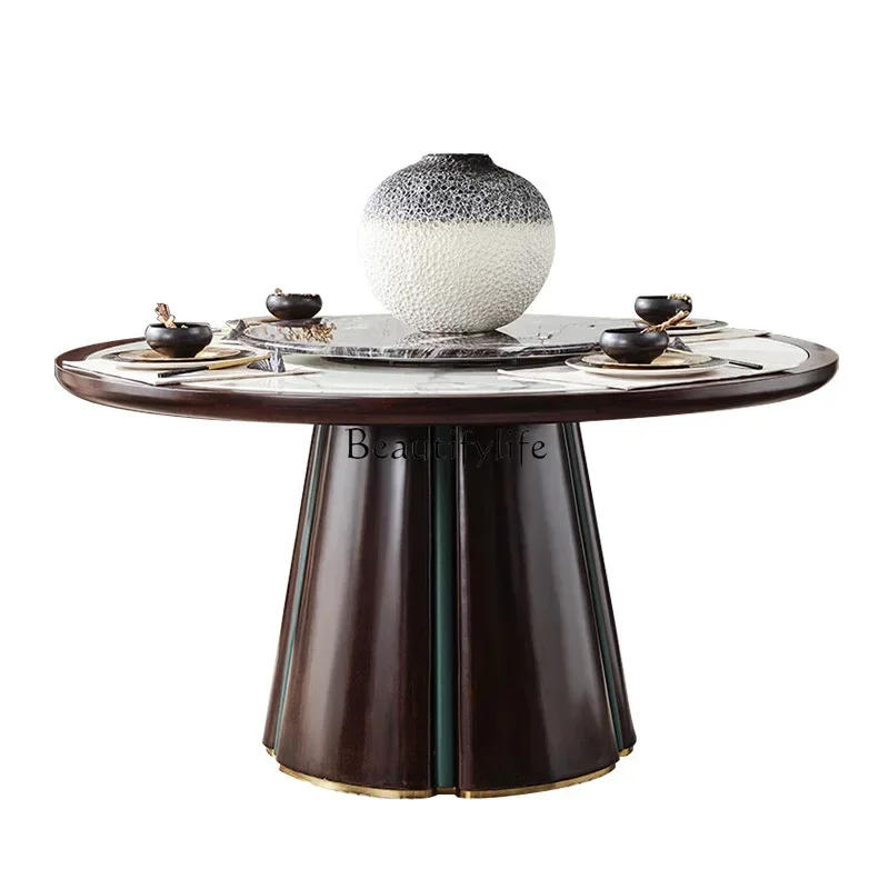 

FGНовый китайский обеденный стол из цельного дерева, роскошный мраморный бытовой круглый обеденный стол из черного дерева с поворотным столом