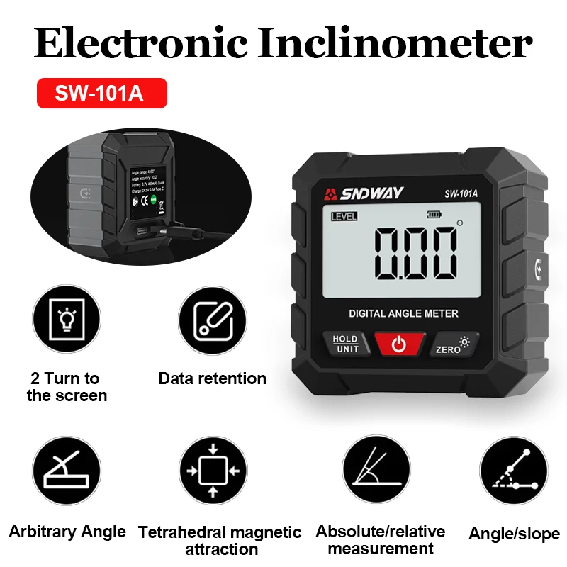 SW-101A Digital Angle Meter High Precision Electronic Inclinometer Portable Level Protractors with Backlight Magnetic Suction