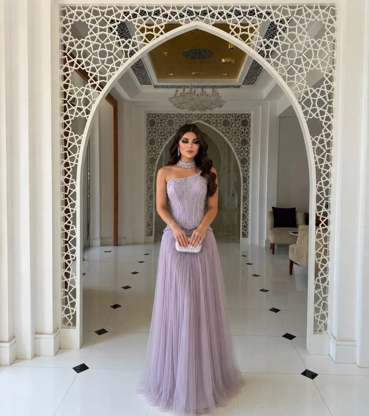 Lilac Two Piece Evening Maxi Dress One Shoulder Rhinestone Beaded Boned Corset Top Detachable Choker Multi Layer Flowy Tulle A L