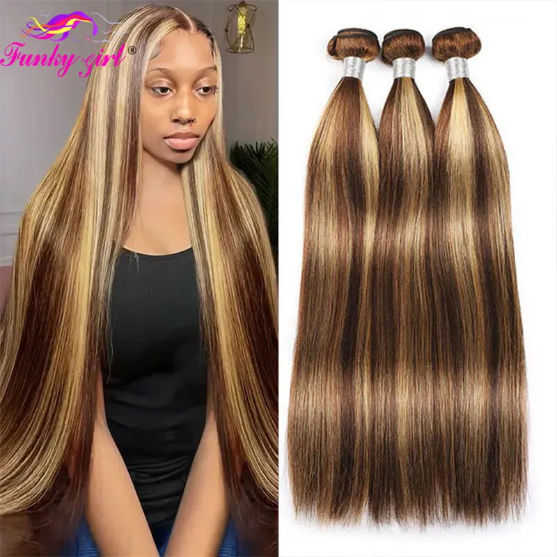 P4/27 Recht Hoogtepunt 100% Menselijk Haar Bundels Honingblond Gekleurde Braziliaanse Hiar Steil Ombre Remy Hair Bundels Extensions