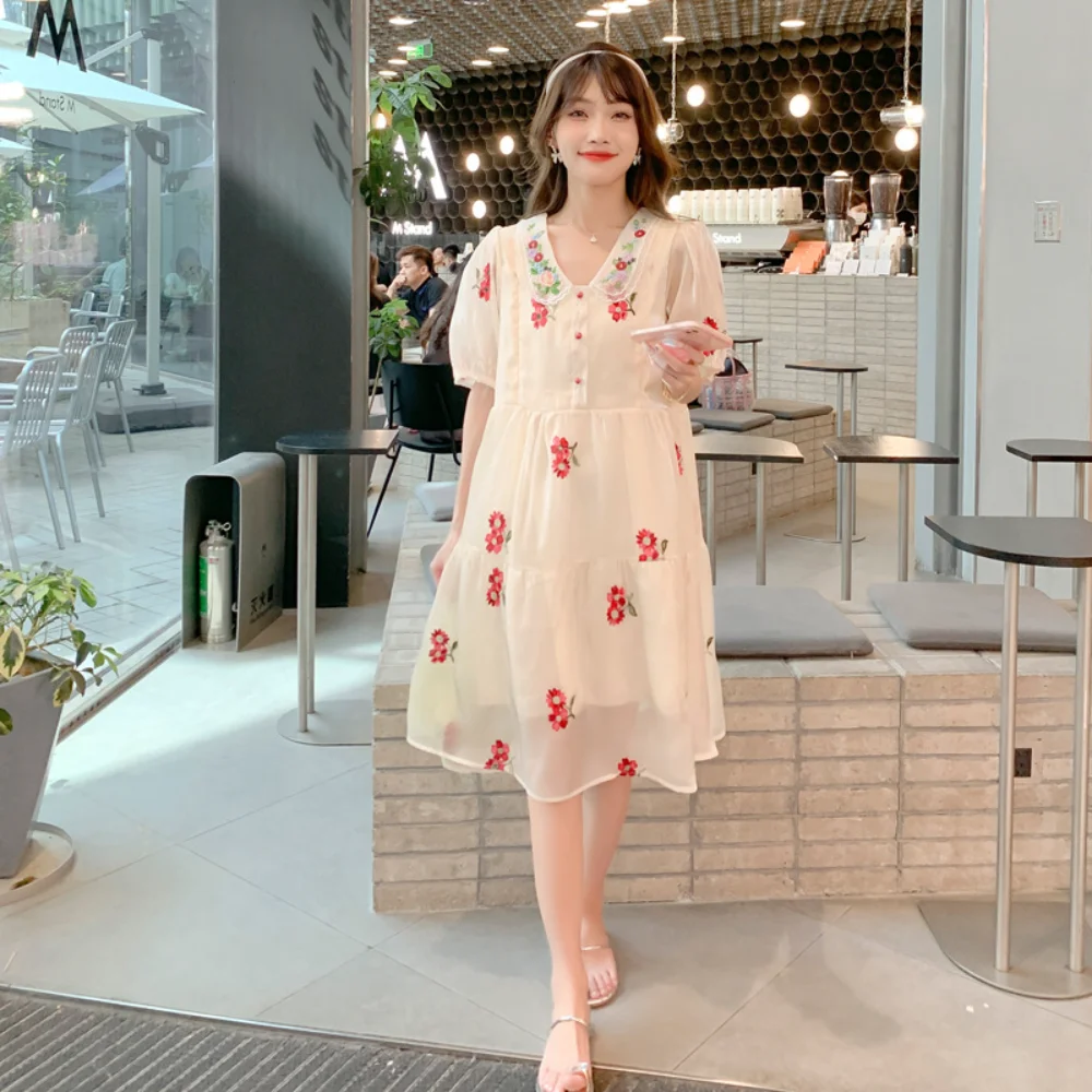 Maternity Flower Embroidery Dress 2024 Summer Casual Loose Clothes for Pregnant Women Vintage Pregnancy photoshoot dress