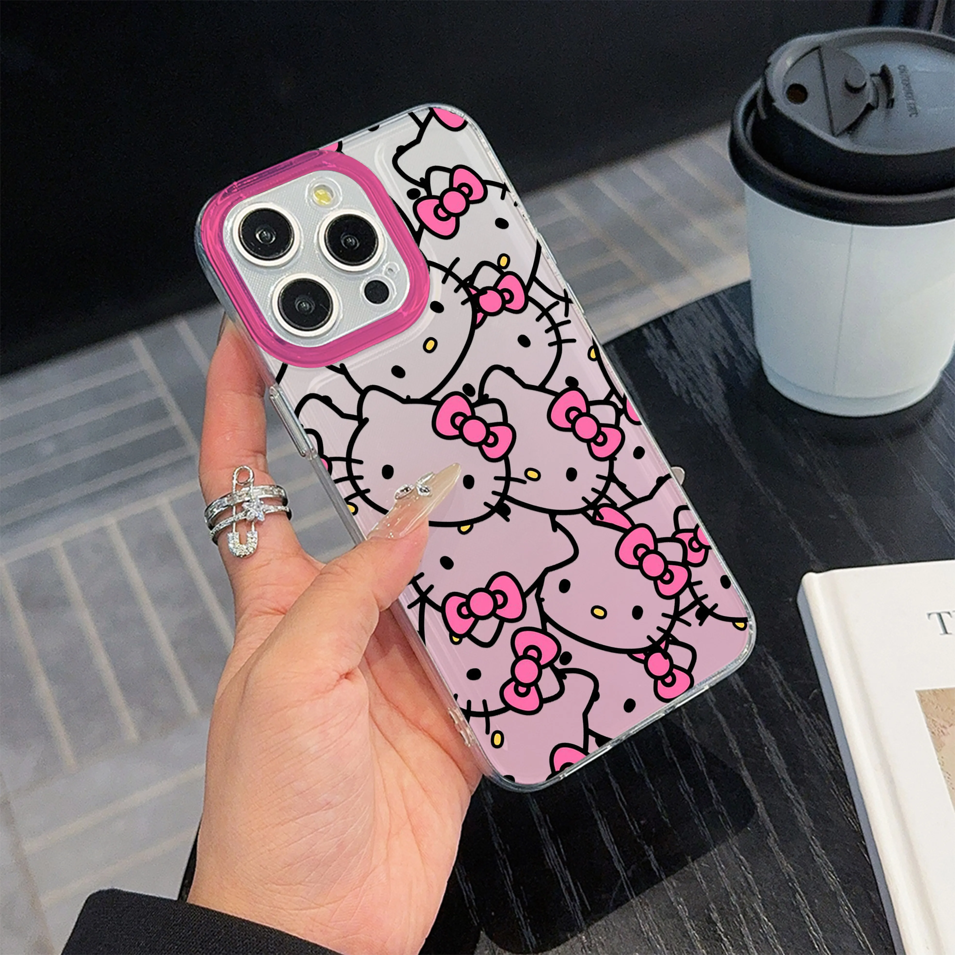 Gradient Pink Hello Kitty Clear Space Phone Case For iPhone 11 12 13 14 15 16 Pro Max Mini X Xs XR 7 8 plus Transparent Cover