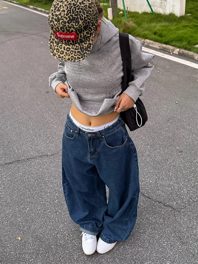 High Waist Wide Leg Denim Jeans Women's Loose Fitting Bootcut Pants Vintage Dark Blue plus Size for Pear Shaped Body Slimming
