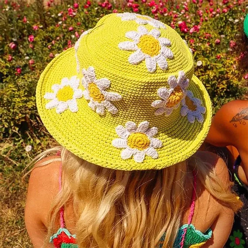 Gaono Women\'s Crochet Bucket Hat Handmade Floral Knitted Cap Fisherman Hat Summer Trendy Outdoor Wide Brim Sun Cap Photo Props