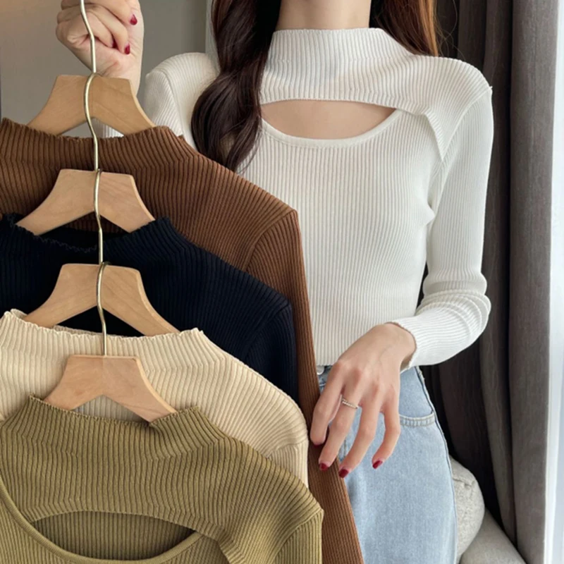 Autumn Half Turtle Neck Knit Sweaters Women Y2K Sexy Hollow Out Long Sleeves Slim Pullover Female Simple Solid All-match Jumper