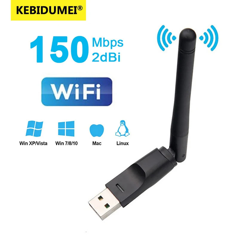 Adaptador de 2,4 GHz, tarjeta de red inalámbrica WiFi USB 2,0 de 150Mbps con antena MT-7601, receptor de señal de RTL-8188 para ordenador portátil y PC, venta al por mayor