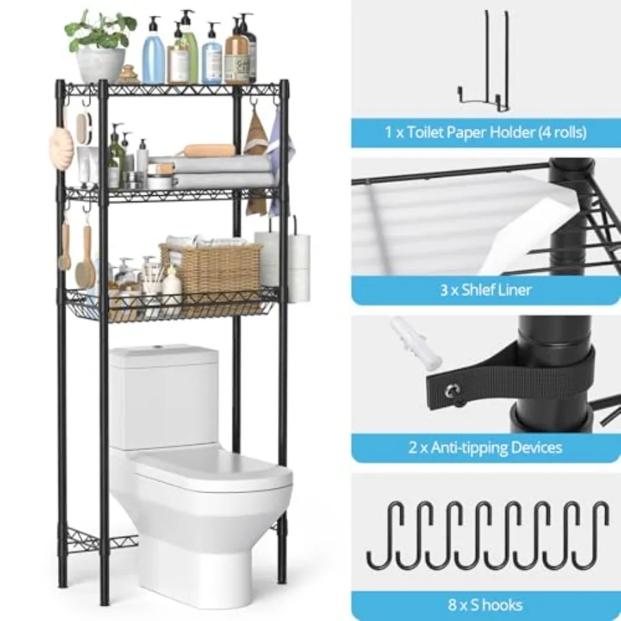 رف تخزين فوق المرحاض مع تصميم قابل للتعديل لتنظيم الحمام والمطبخ يتميز بحامل ورق المرحاض المدمج