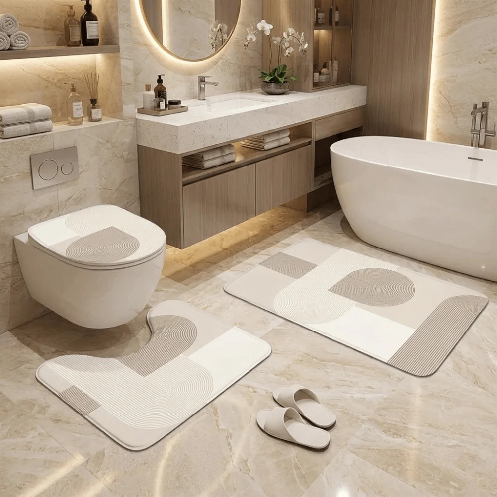 3PCS/SET Decorative Marble Pattern Bath Mat Set Soft Quick-Dry Non-Slip Rug Thick Super Absorbent Bathroom Mat Home Floor