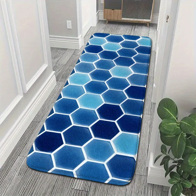 Blue Gradient Honeycomb Long Bathroom Runner Mat Anti Slip Water Absorbent Rug Stylish Hexagon Floor Carpet for Shower Kitchen