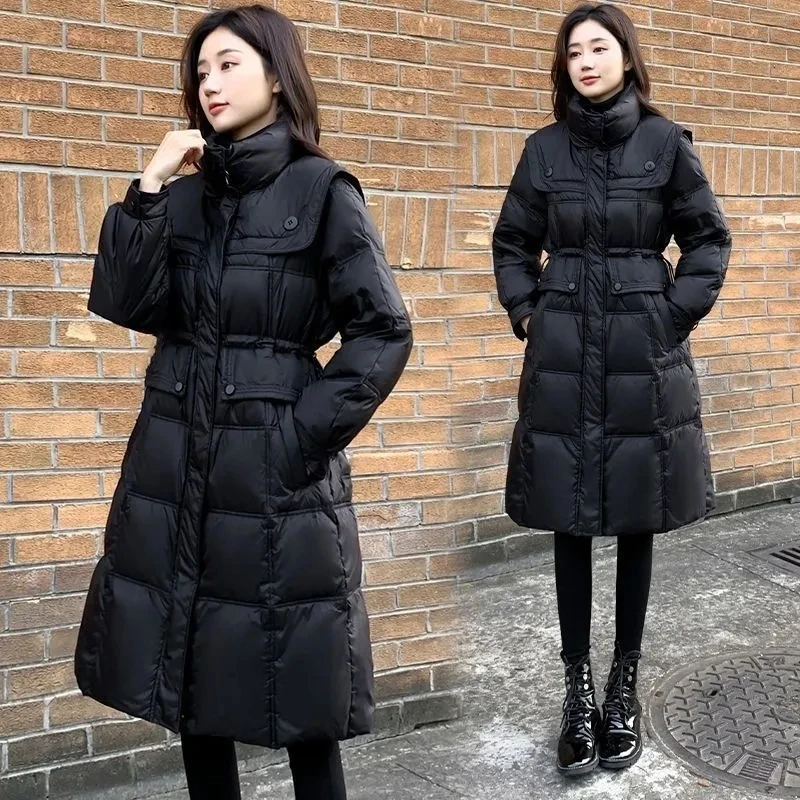 2025 Winter New Stand Collar Down Cotton Parker Jacket for Women Medium to Long Korean Version Slim Fit Waist Black Thick Coat