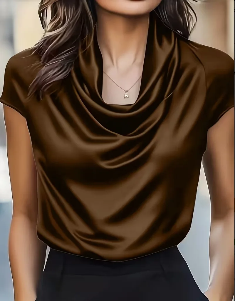 

Women's Fashion Elegant Shirt Solid Color Versatile Summer Commuting Style Satin Loose Short Sleeve Swing Collar Pullover Top