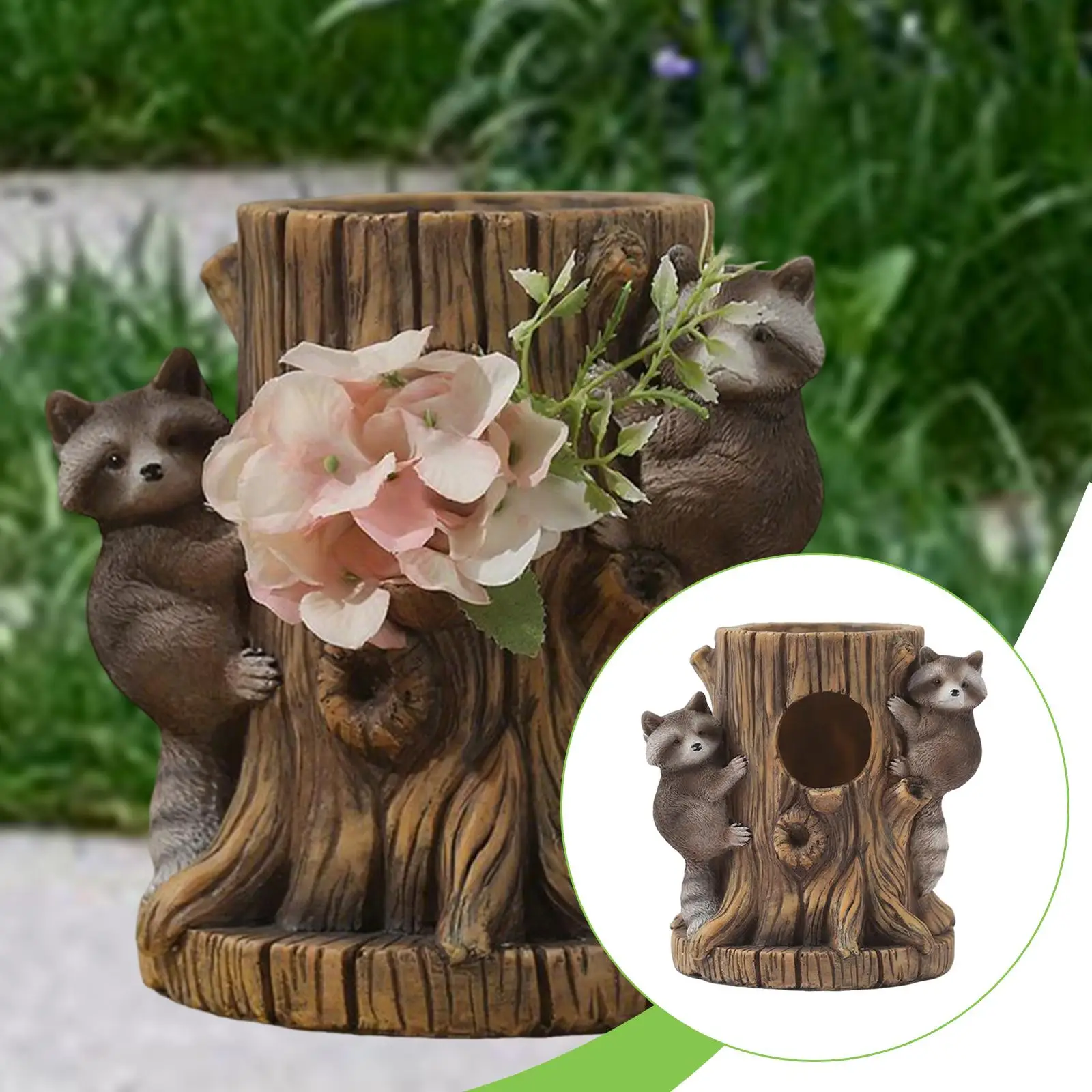 

Raccoon Stump Flower Pot Rustic Decorative Ornament Home Decor Resin Figurine Statue for Balcony Patio Office Desktop Bedroom