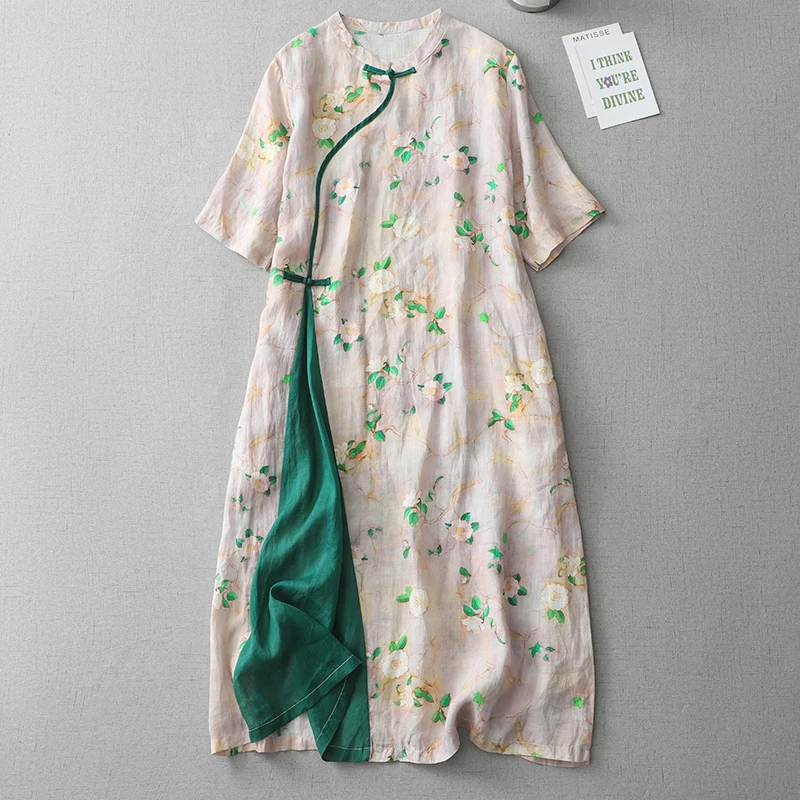 New Chinese Sle Cotton Linen Summer Dr High Waist ort Sve Printed Modified Version Split Color  Hanfu