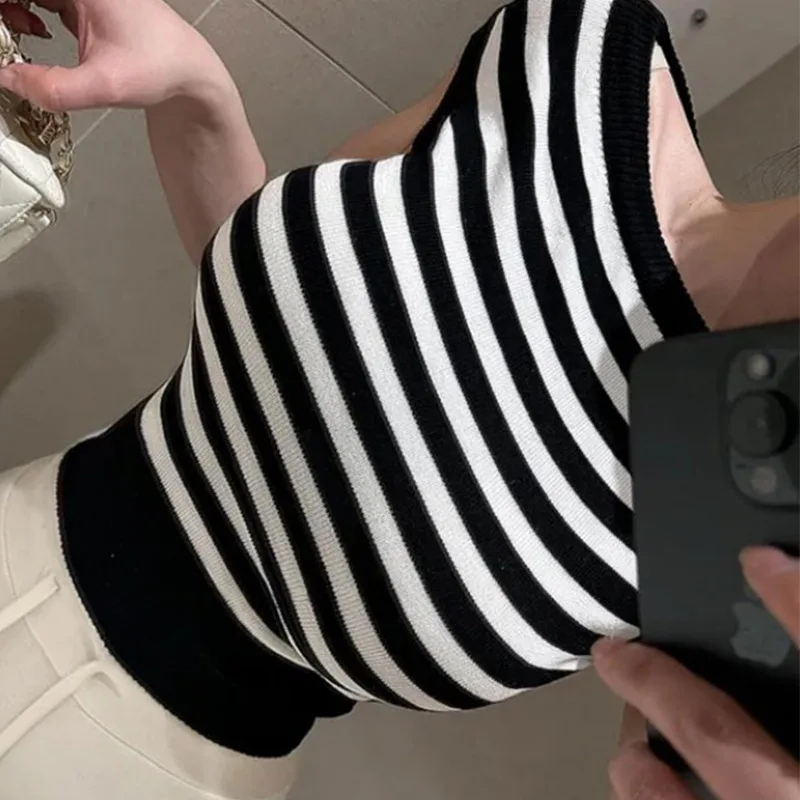 Korean OL tops Slim Sexy Hot Girl Striped Design Versatile Knitted Top T-Shirt Women's Fashion Women Tshirt Tees Fashion RPG8