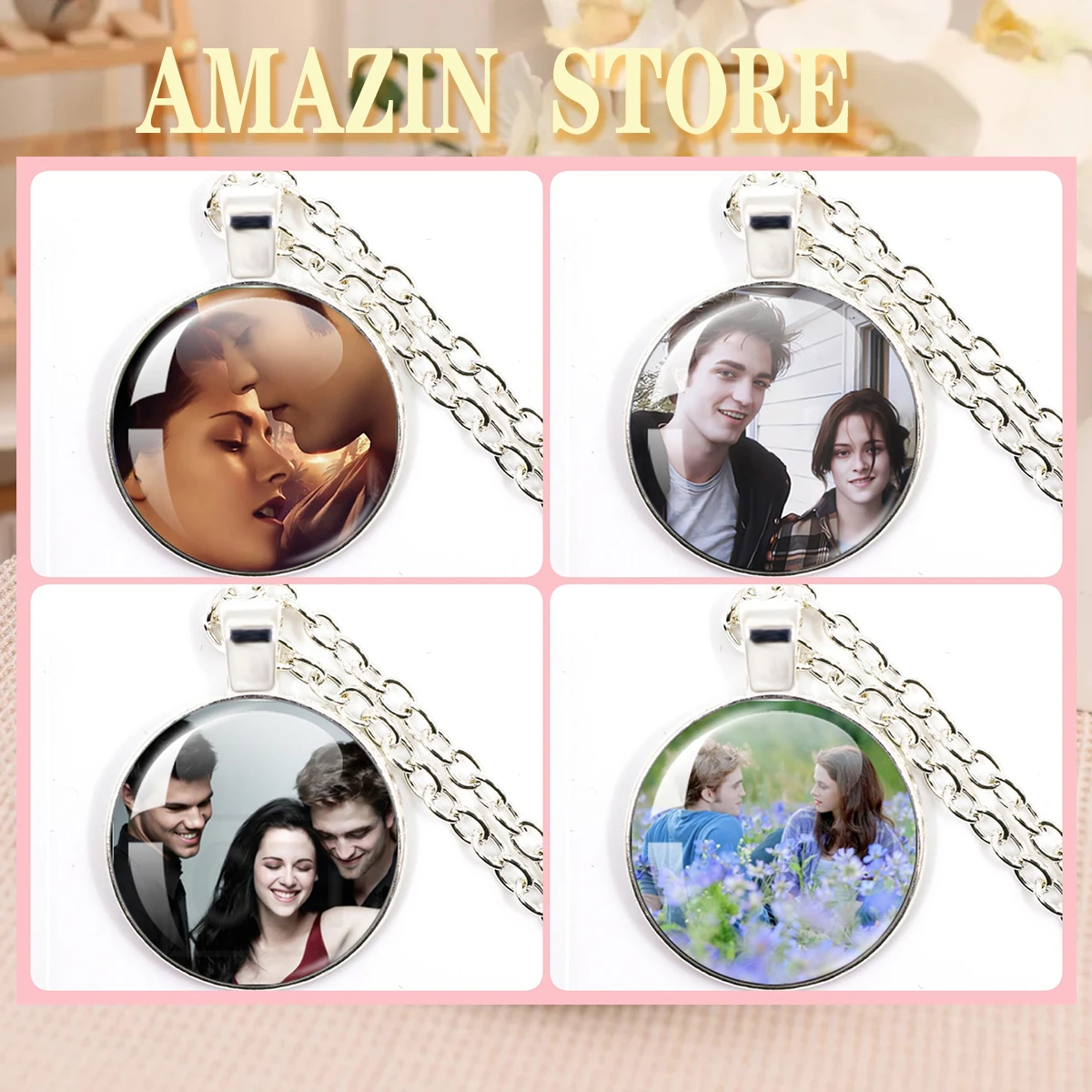 Movie Bella Edward Jacob Renesmee Necklace 25MM Round Glass Cabochon Necklace Twilight Character  Fashion Necklace