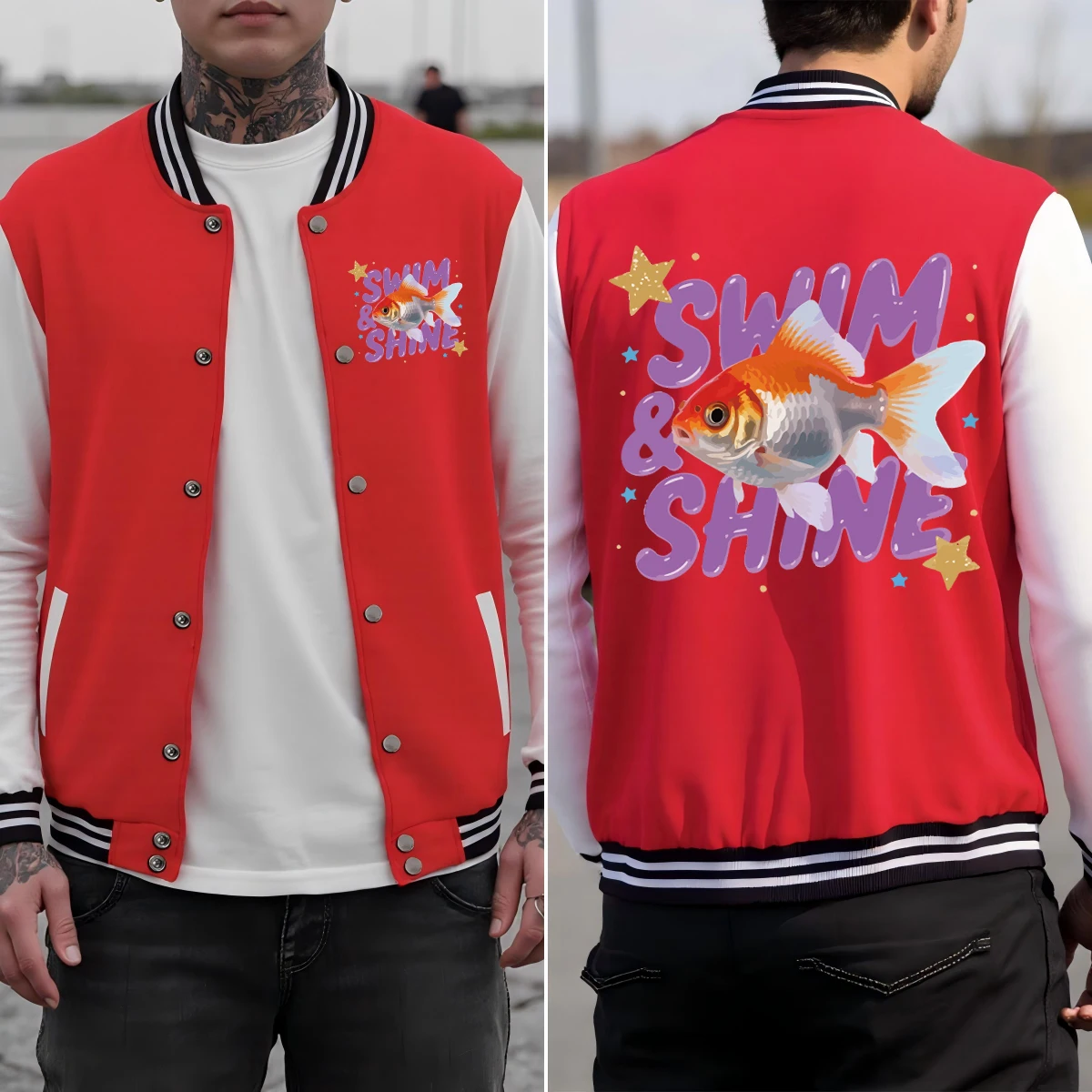 

Swimming Carp Fish Printing Male Baseball Uniform Loose Colorful Jackets Street Cotton Streetwear Button Clothes For Men