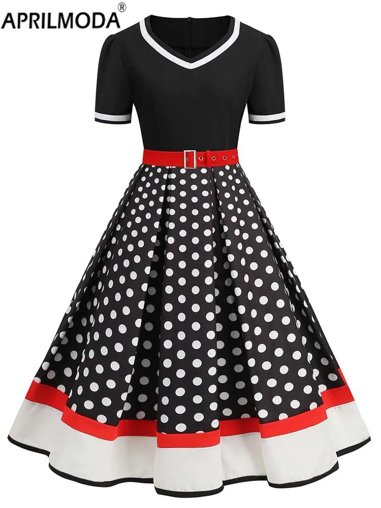 

2024 50s 60s V Neck High Waist Vintage Pleated Dress Polka Dot Print Women Summer Short Sleeve 50s Party Sundress Robe S~4XL