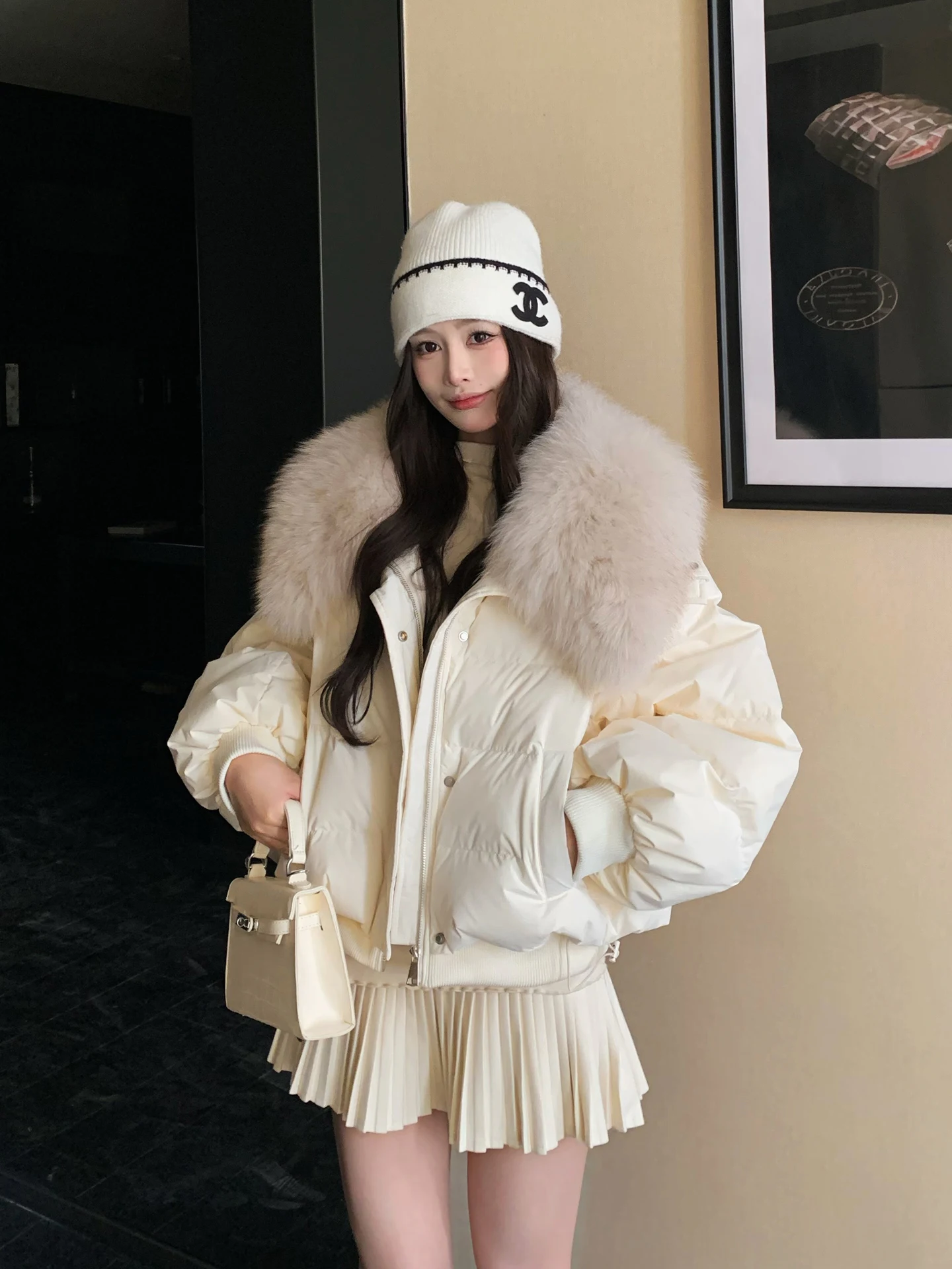 

Women's Thiened ort down Jaet White Du Feather Warm Casual Sle 90% down Cozy Winter Coat with Big Fur Collar