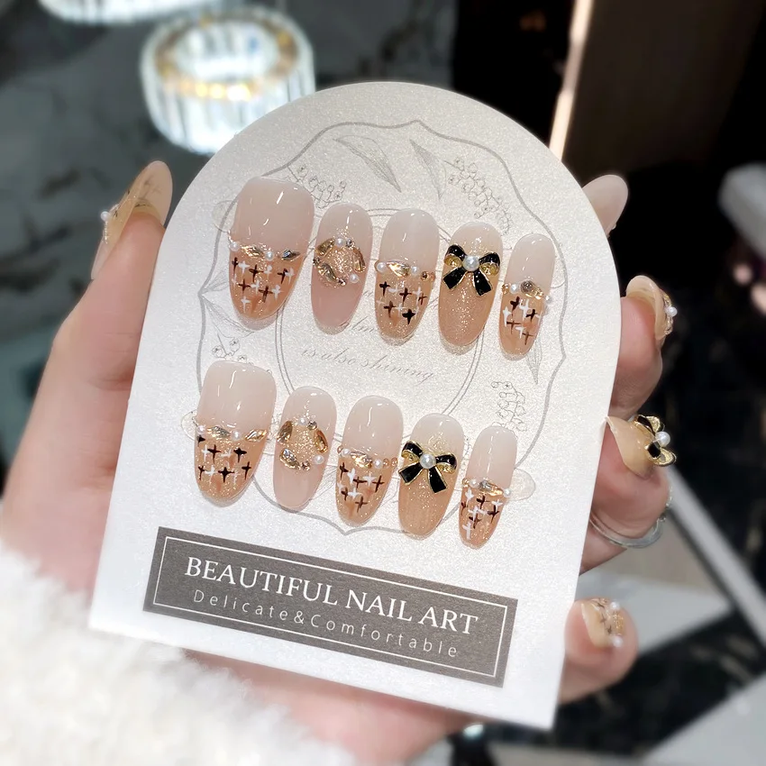 10 pçs artesanal imprensa em unhas outono inverno retro francês dicas de unhas falsas cobertura completa doce coreano senhora longo caixão unhas falsas