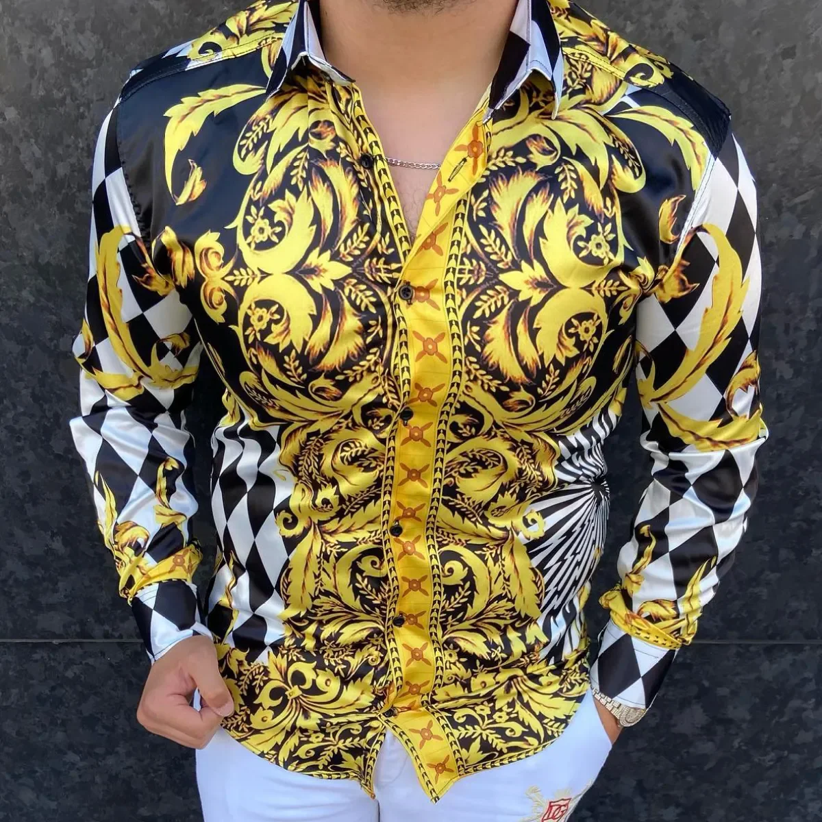 New Palace Style Retro Lotus 3D Printed Shirt Men's Long Sleeved Single Breasted Banquet Slim Fit Top