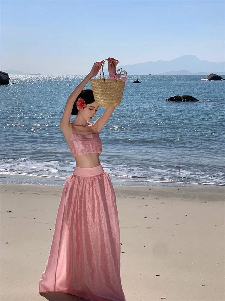 

New Summer Holiday Pink Beige Two Piece Dress Suits Boho Sexy Short Camis Vest Top&High Waist Long Skirt Fashion Beach 2pc Sets