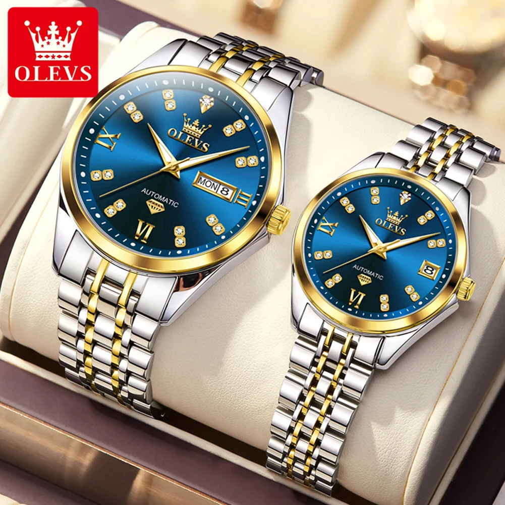 

OLEVS Brand Couple Watches Luxury Automatic Mechanical Wristwatch Watch Waterproof Luminous Fashion Diamond Dial Date ﻿Watches