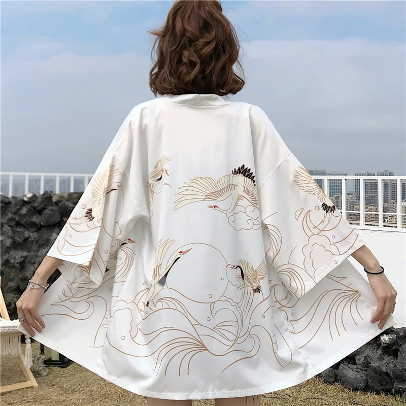 Japanese Kimono Cardigan Coat Summer Beach Women Clothing Anime Crane Print Shirt Fashion Black White Yukata Haori Obi Belt