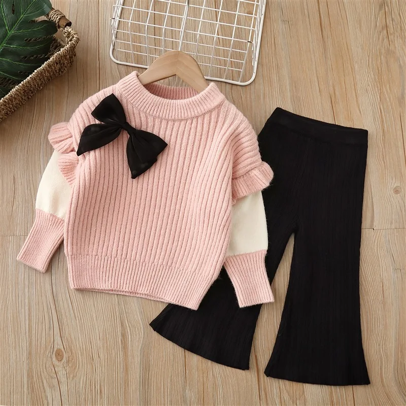 

Children's Clothing Sets bow lace Long sleeve top + Wide leg pants 2Pcs kids clothes girls clothes set 2 to 6 years Kids Outfits