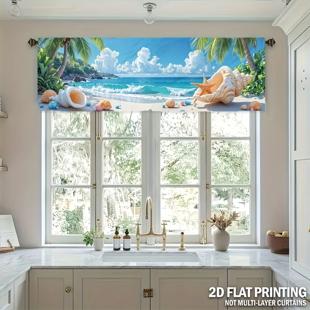 

1pc Tropical Beach Print Valance Window with Palm Trees, Seashells & Starfish Design, Machine Washable for Kitchen