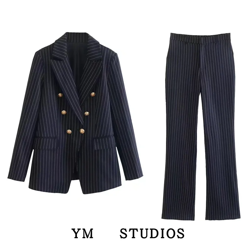 Slim Fit Lady's Checkered Suit Two-Piece Set Double Row Buttons Long Pants Elegantly Designed Vintage Hong Kong Style