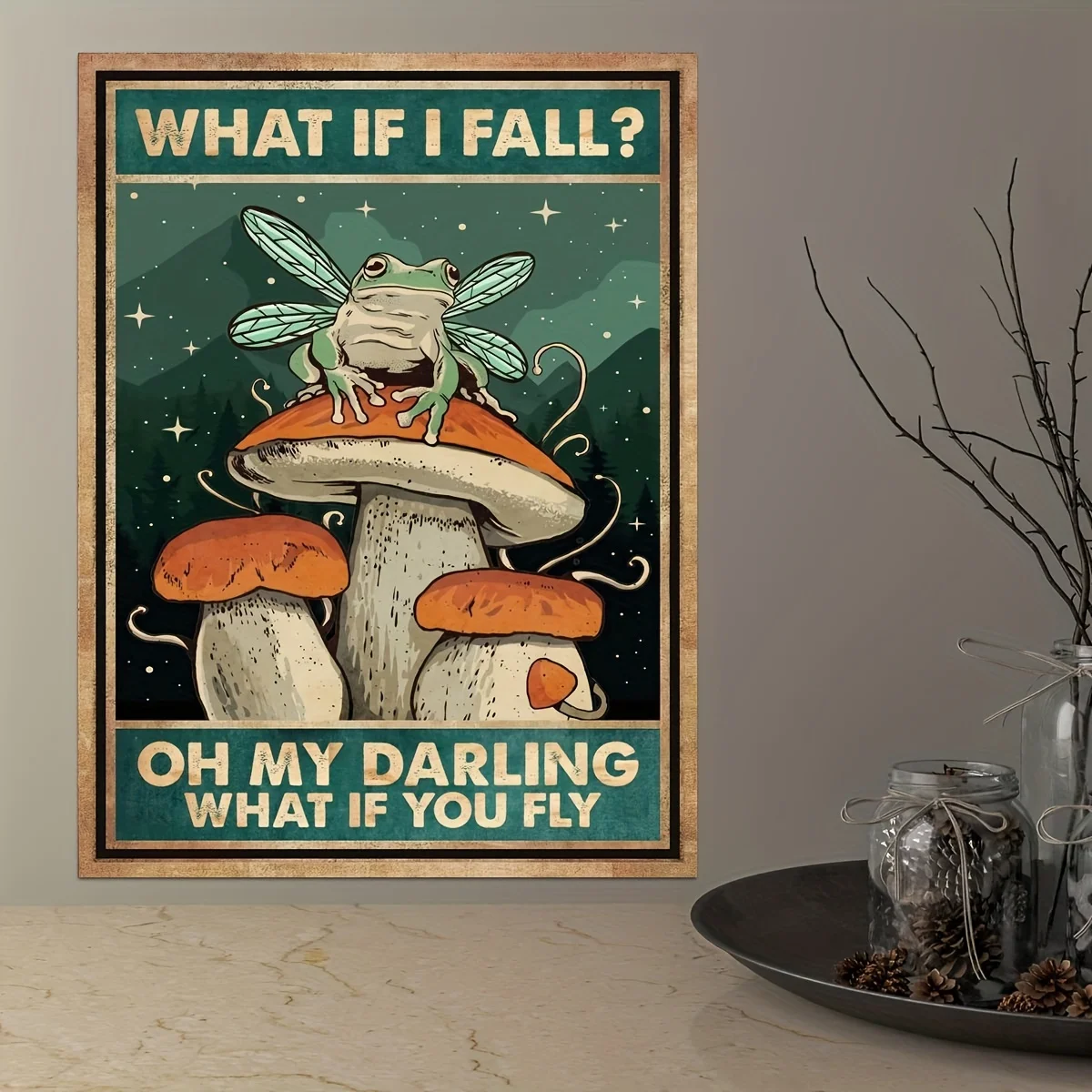 1pc Retro Canvas Print Poster Mushroom Flying Frog What If I Fall Wall Art Home Decor Room Decor Poster Canvas Painting No Frame