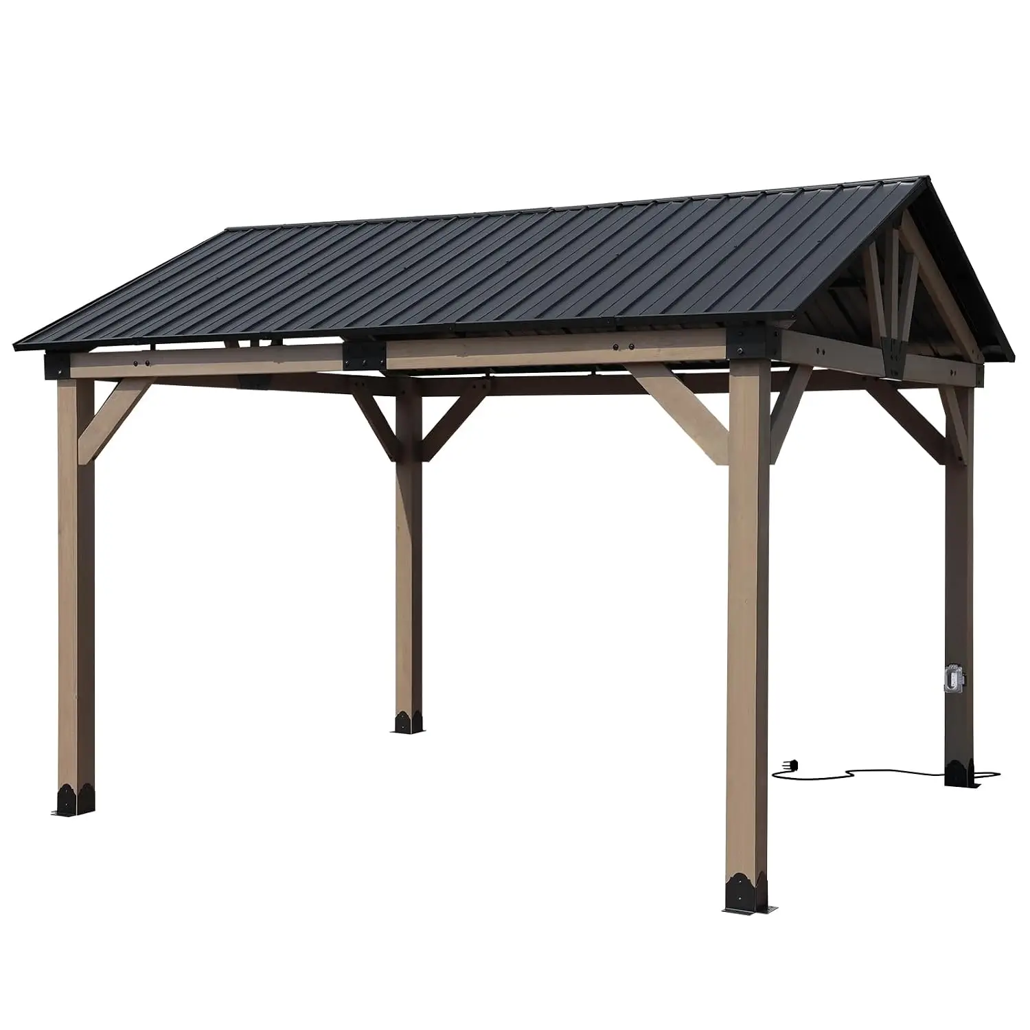 Wooden Frame Gazebo w/ Galvanized Metal Hardtop Roof, Outdoor Patio Charging Socket for Backyard Deck Lawn, Customized