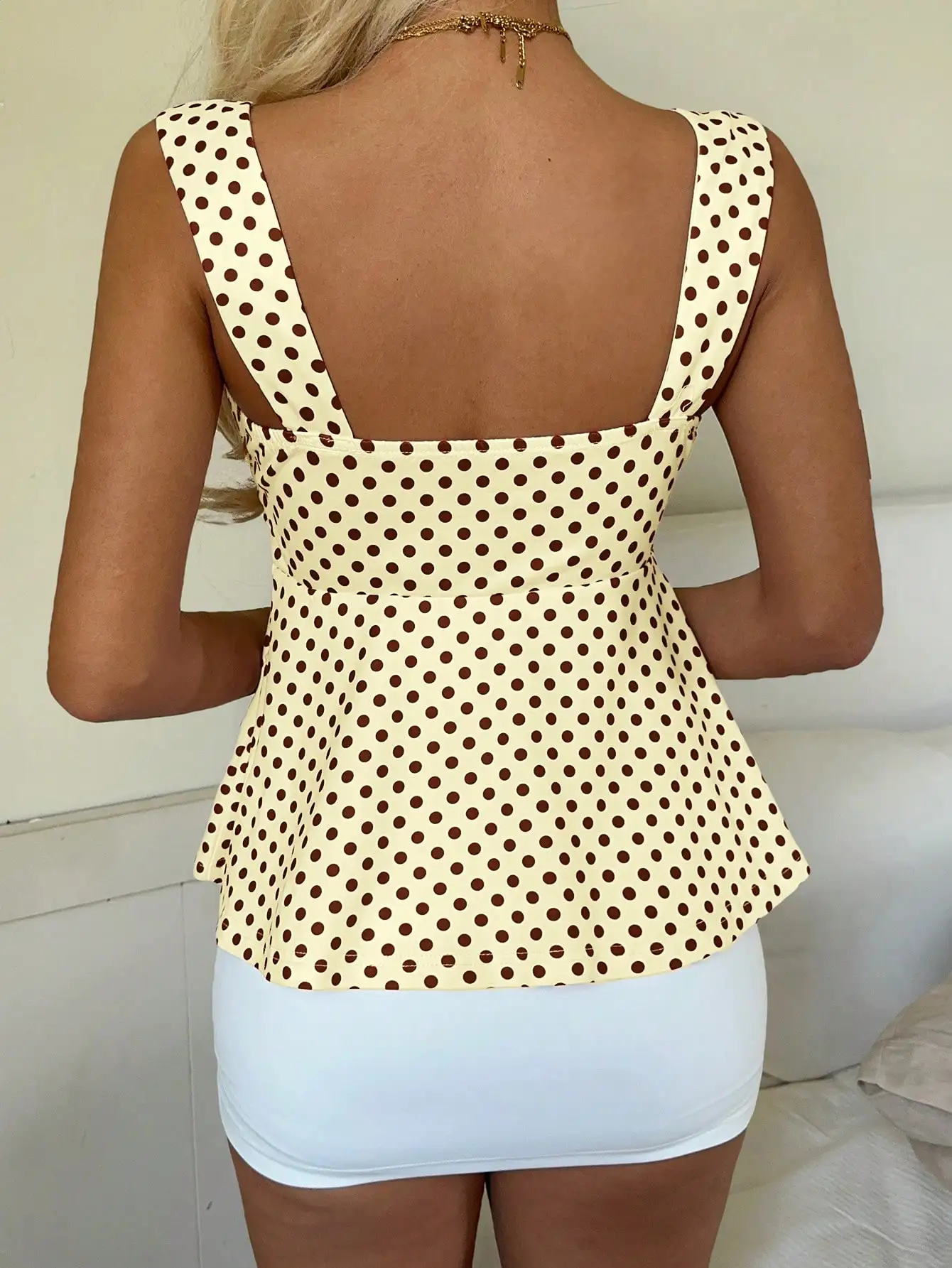 Women's New Marigold Yellow & Brown Polka Dot Cami Top, Ruffle Bow Tie Tank Top with Wide Straps, Suitable for Dating, Vacation,