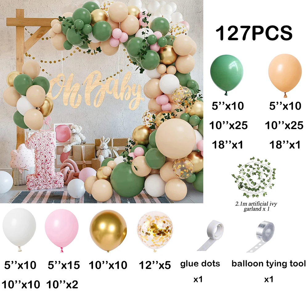 Olive Green Balloon Garland Arch Kit Blush Nude Balloons Artificial Ivy Leaves Baby Shower Birthday Party Decoration Gold Ballon